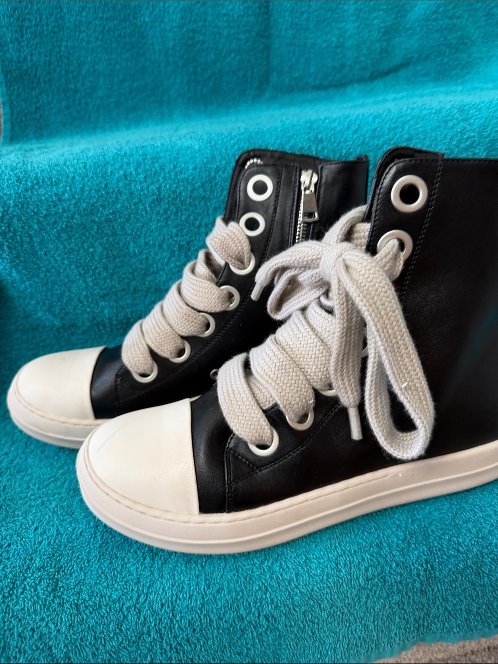 High-Top Women's Black & White Leather Sneakers with Cream Laces